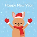 Cute rabbit card. Santa Claus hat on bunny vector illustration. New Year square banner with smiling bunny. Winter