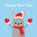 Cute rabbit card. Santa Claus hat on bunny vector illustration. New Year square banner with smiling bunny. Winter holiday package