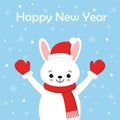 Cute rabbit card. Santa Claus hat on bunny vector illustration. New Year square banner with smiling bunny. Winter holiday package