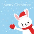 Cute rabbit card. Santa Claus hat on bunny vector illustration. New Year square banner with smiling bunny. Winter