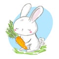 Cute rabbit with carrot. Cartoon hare. Adorable bunny animal character for kids and children design