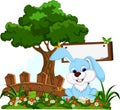 Cute rabbit cartoon with blank board in flower garden