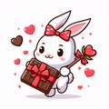 Cute rabbit cartoon bring chocolate and use ribbon