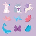 Cute rabbit cat unicorn butterflies whale birds animals cartoon icons