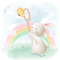 Cute rabbit catching butterflies illustration