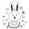 cute rabbit character ballerina sits on twine in dress and pointe shoes. Vector illustration. Funny animal Child