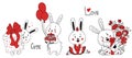 Cute rabbit character set. Enamored Rabbit with bouquet, letter and gift, with box, cake and balloons, bunny ballerina