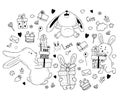 cute rabbit character set with gifts, boxes, sweets and cakes, sweets and flowers. Vector illustration. Isolated