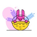Cute rabbit character sitting cart, easter bunny rest wicker basket, pink crawl curious peeping isolated on white, flat