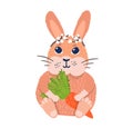 Cute rabbit character sitting hold carrot, easter bunny rest in flower tiara isolated on white, flat vector illustration