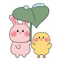 Cute rabbit with chicken stand under leaf.Cartoon animal