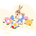 Cute rabbit with colorful eggs. Easter bunny character. Flat illustration. 2023