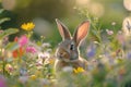 Cute rabbit in a colorful flower field