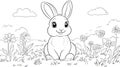 Cute Rabbit Coloring Page in a Field of Flowers Royalty Free Stock Photo