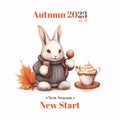 Cute rabbit with cup of coffee autumn watercolor illustration