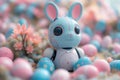 Cute rabbit cyber toy. Template for Easter greeting card