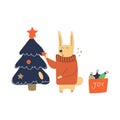 Cute rabbit decorates the Christmas tree, box with toys with text joy.