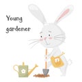 Cute rabbit, digging with a shovel, planting a carrot. Young bunny gardener. Adorable animal, character in pastel colors