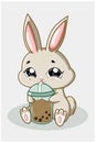 A cute rabbit drinking Boba drink illustration