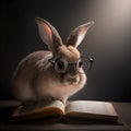 Cute rabbit with eyeglasses and book about bedtime stories