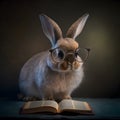 Cute rabbit with eyeglasses and book about bedtime stories