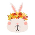 Cute rabbit face in autumn leaves crown character illustration Royalty Free Stock Photo