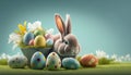 Cute rabbit with fancy Easter Eggs on grass, Generative AI