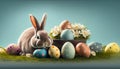 Cute rabbit with fancy Easter Eggs on grass, Generative AI