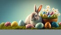 Cute rabbit with fancy Easter Eggs on grass, Generative AI