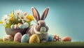 Cute rabbit with fancy Easter Eggs on grass, Generative AI