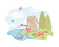 Cute rabbit on a fishing trip. The image of a rabbit who fell asleep with a fishing rod in his hand. A hare on a