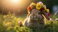 Cute rabbit with floral wreath on its head sits on grass