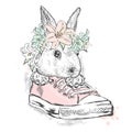 Cute rabbit in a flower wreath. Hare sitting in sneakers. Vector illustration for greeting card, poster, or print on clothes.