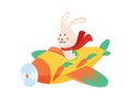 Cute rabbit flying an airplane with scarf fluttering. Funny pilot flying on planes. Cartoon vector illustration isolated