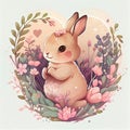 Cute rabbit in fowers. Kawaii cartoon style. Pastel colors. AI generated