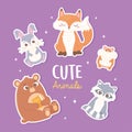 Cute rabbit fox bear hamster and raccoon cartoon animals stickers