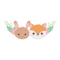 Cute rabbit fox faces hearts leaves cartoon animals isolated white background design Royalty Free Stock Photo