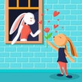 Cute rabbit giving rose flower, Greeting card vector illustration