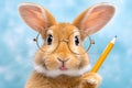 Cute rabbit with glasses holding a pencil on a blue background Royalty Free Stock Photo