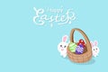 Cute rabbit greeting card, Happy Easter, egg in basket, bunny cartoon background seasonal holiday vector illustration Royalty Free Stock Photo