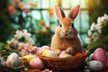 Cute rabbit hare bunny sitting in a basket with colorful painted Easter eggs and blooming spring flowers background Royalty Free Stock Photo