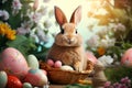 Cute rabbit hare bunny sitting in a basket with colorful painted Easter eggs and blurred flowers background Royalty Free Stock Photo