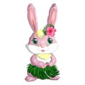 Cute rabbit, hare in Hawaiian clothes dancing hula. Wreath and garland of flowers, beach, vacation, vacation concept.