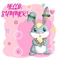 Cute rabbit, hare in Hawaiian clothes dancing hula. Wreath and garland of flowers, beach, vacation, vacation concept.