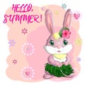 Cute rabbit, hare in Hawaiian clothes dancing hula. Wreath and garland of flowers, beach, vacation, vacation concept.