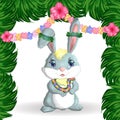 Cute rabbit, hare in Hawaiian clothes dancing hula. Wreath and garland of flowers, beach, vacation, vacation concept.