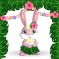 Cute rabbit, hare in Hawaiian clothes dancing hula. Wreath and garland of flowers, beach, vacation, vacation concept.