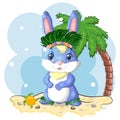 Cute rabbit, hare in Hawaiian clothes dancing hula. Wreath and garland of flowers, beach, vacation, vacation concept.