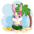 Cute rabbit, hare in Hawaiian clothes dancing hula. Wreath and garland of flowers, beach, vacation, vacation concept.
