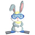 Cute rabbit, hare in a summer hat and swim ring, flippers. Beach, holiday, vacation concept. Symbol of 2023.